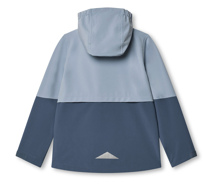 Pohľad zozadu na dvojfarebnú modrú bundu do dažďa s kapucňou a reflexným prvkom.