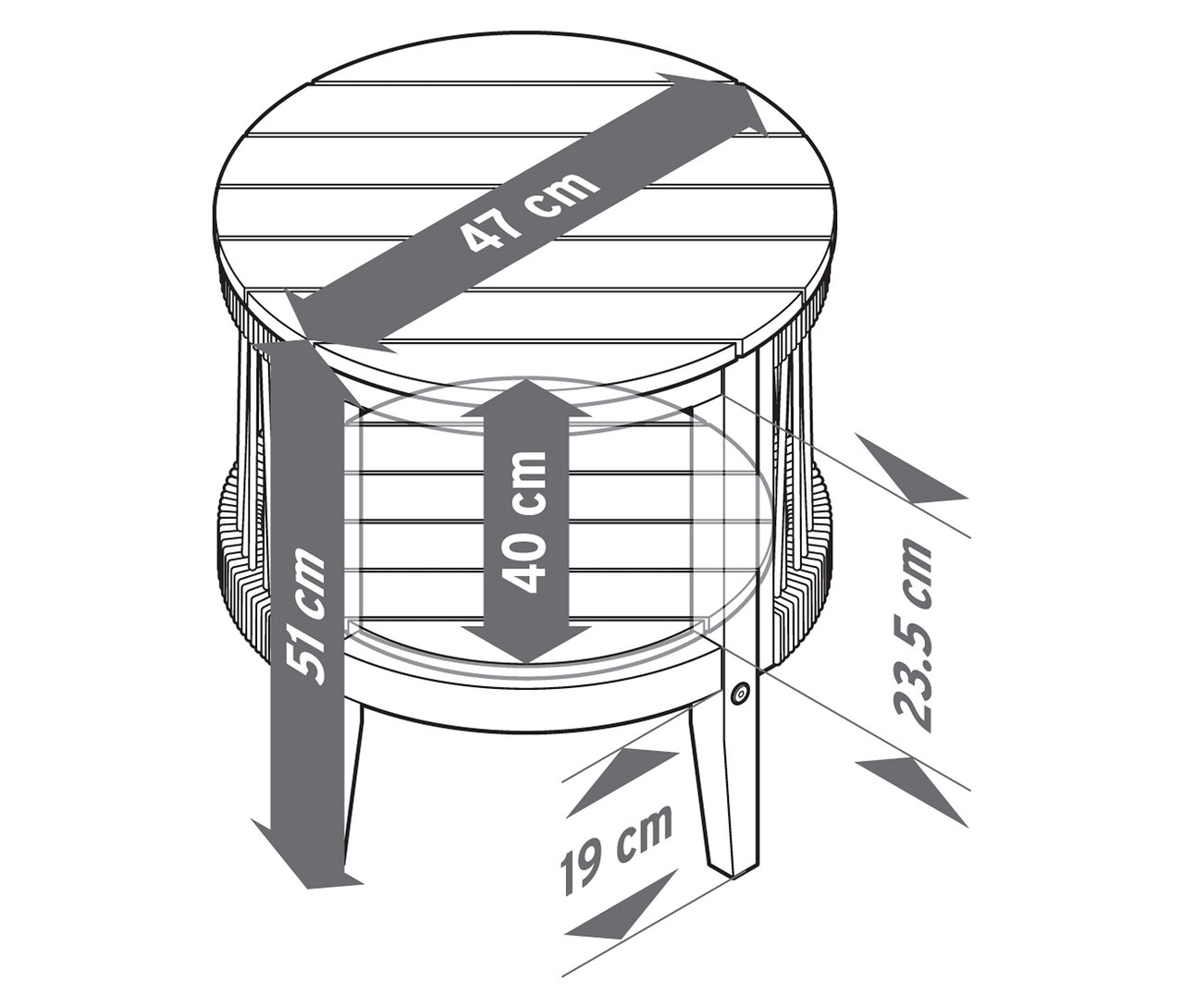 Nákres záhradného stolíka s odnímateľnou doskou, Ø cca 50 cm, s rozmermi.