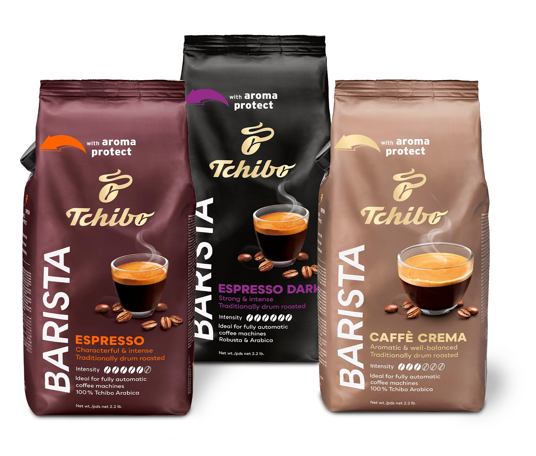 Tri balenia Barista Ochutnávkový set 3kg zrnkovej kávy stoja vedľa seba.