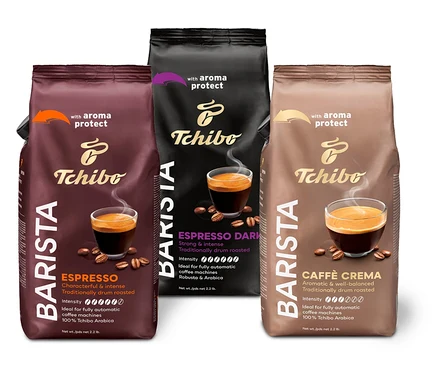 Tri balenia Barista Ochutnávkový set 3kg zrnkovej kávy stoja vedľa seba.