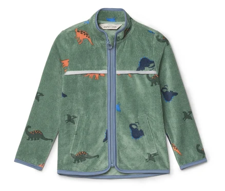 Zelená fleecová bunda na zips s dinosím vzorom, lemovaná svetlomodrou látkou.