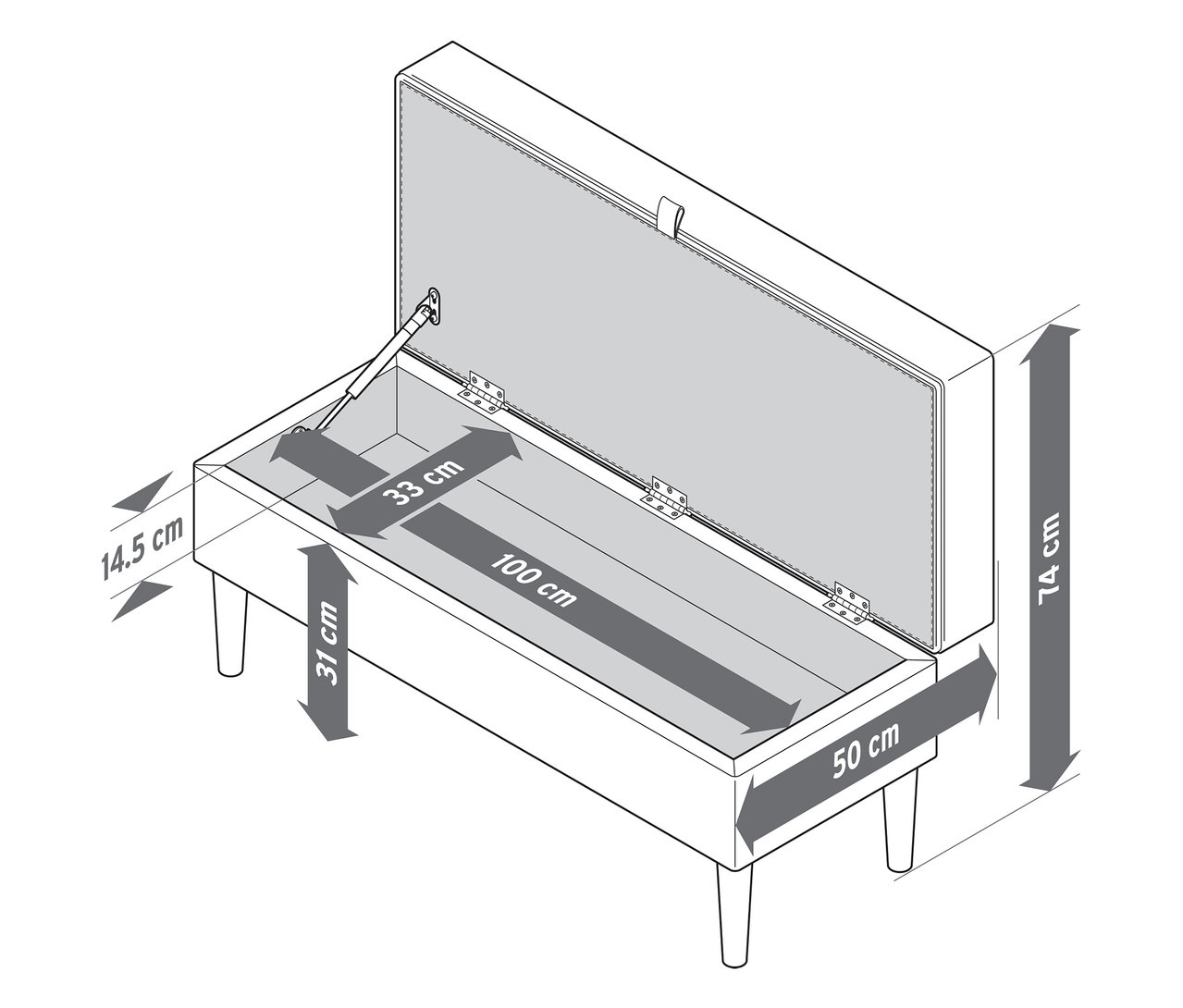 Na obrázku je zobrazená čalúnená lavica s odkladacím priestorom s otvoreným vekom a rozmermi.