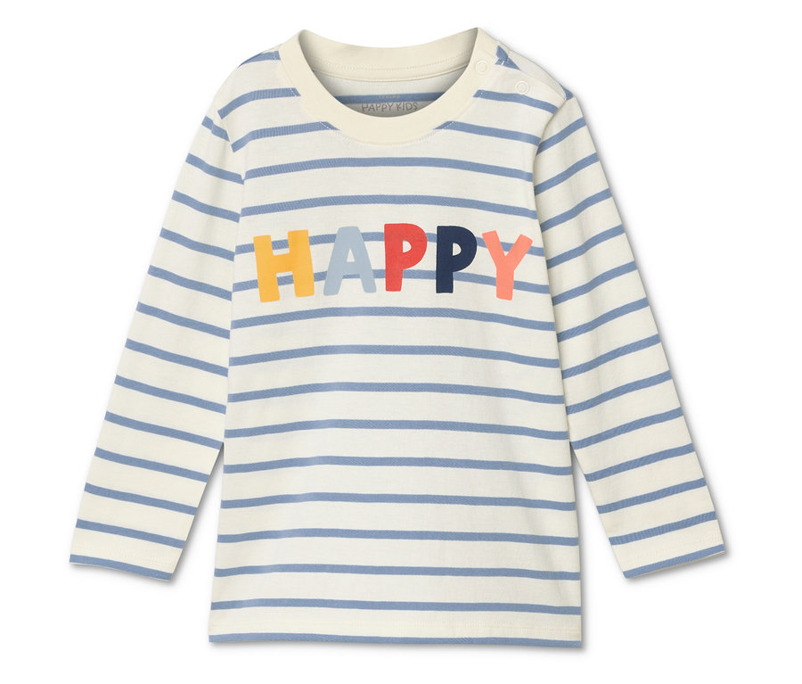 Tričko s dlhým rukávom s modro-bielymi pruhmi a nápisom HAPPY farebnými písmenami.