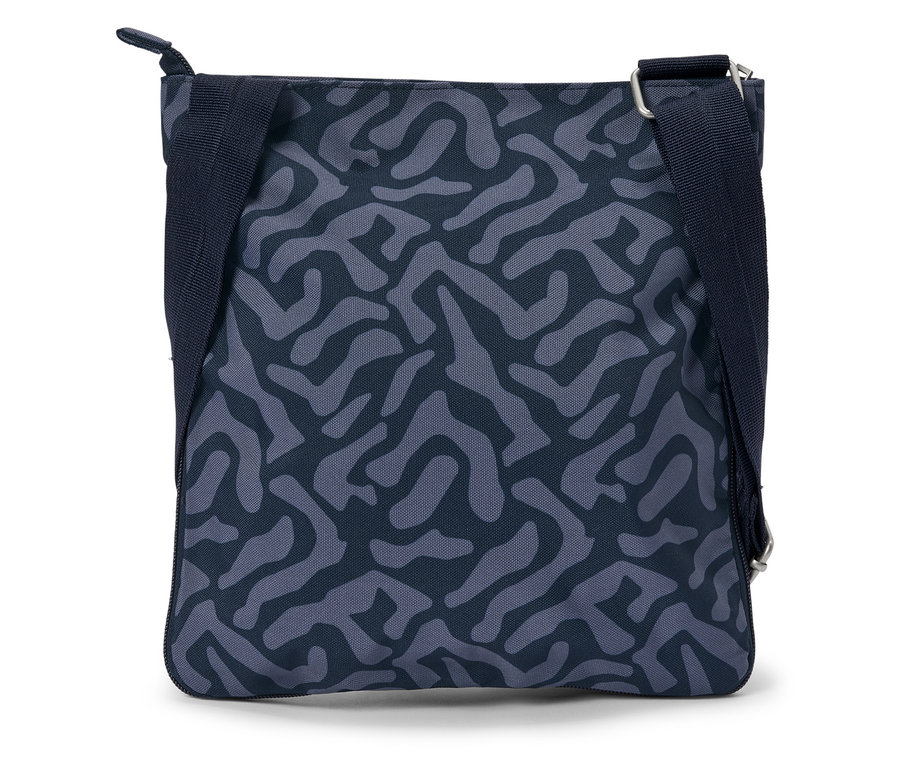 Modrá taška cez rameno s abstraktným vzorom.