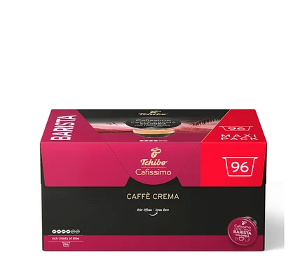 Veľké čierno-purpurové balenie Tchibo Cafissimo Caffè Crema s 96 kávovými kapsulami.