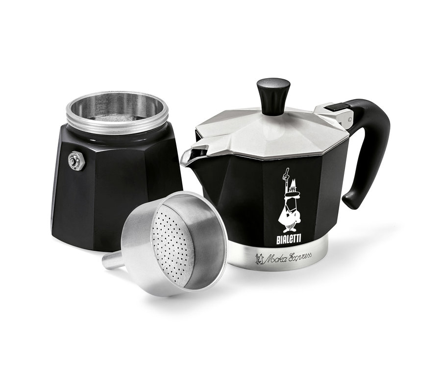 Rozložený na tri časti čierno-strieborný kávovar Bialetti Moka Express.
