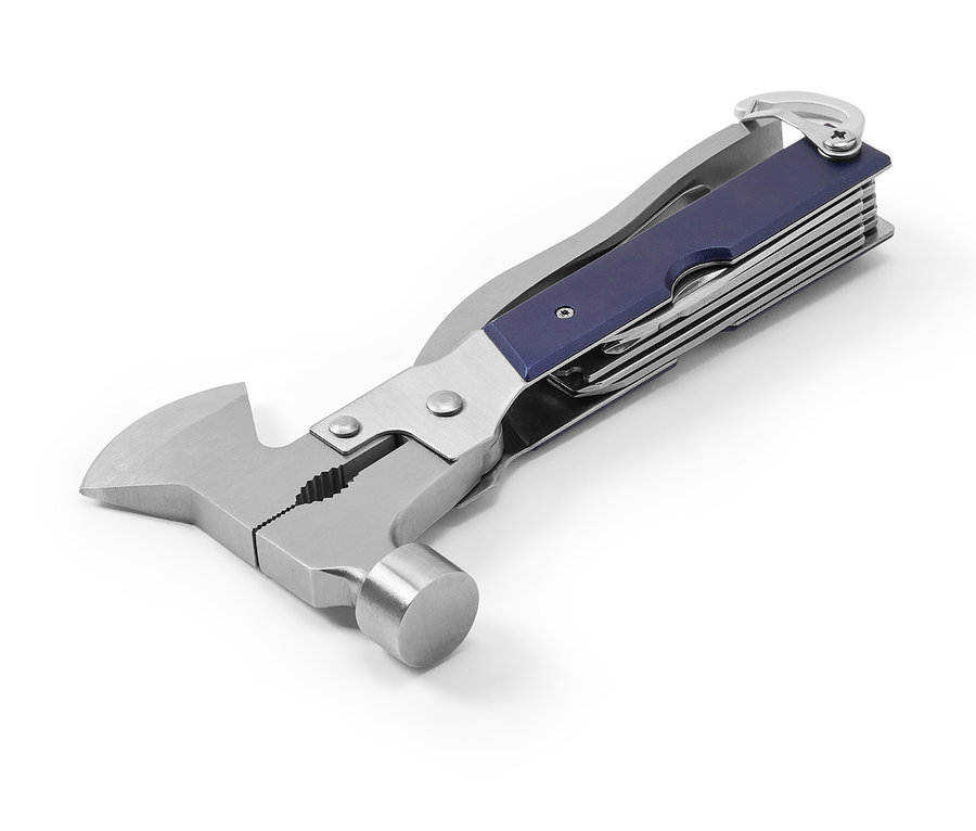 Kombinovaný nástroj s kladivom, kliešťami a modrou rukoväťou na bielom pozadí.