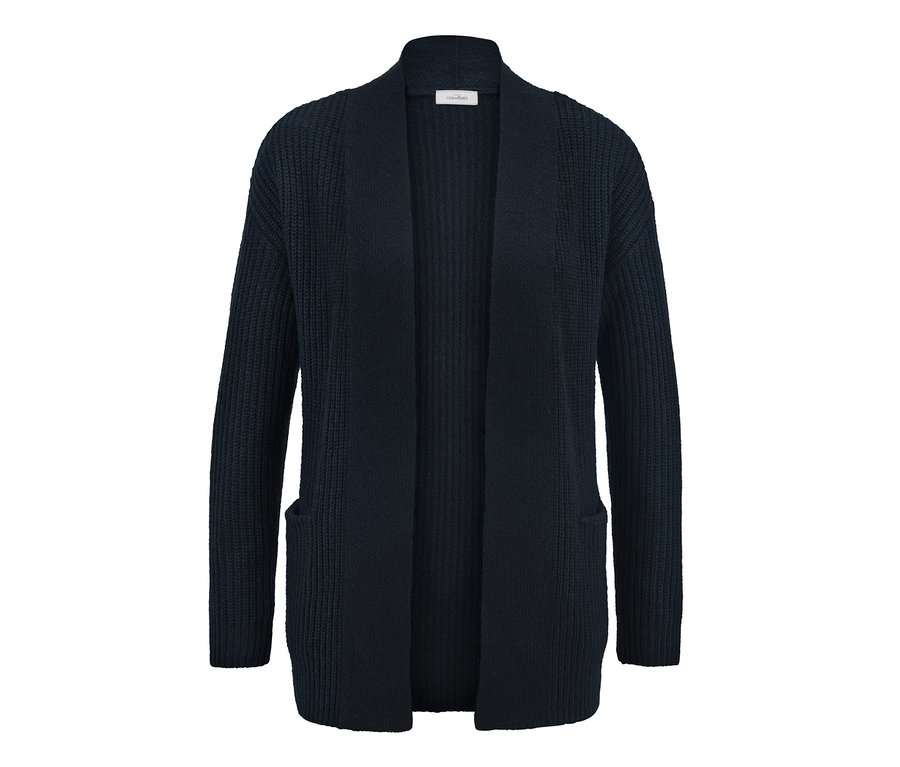 Otvorený pletený sveter tmavej farby s vreckami.