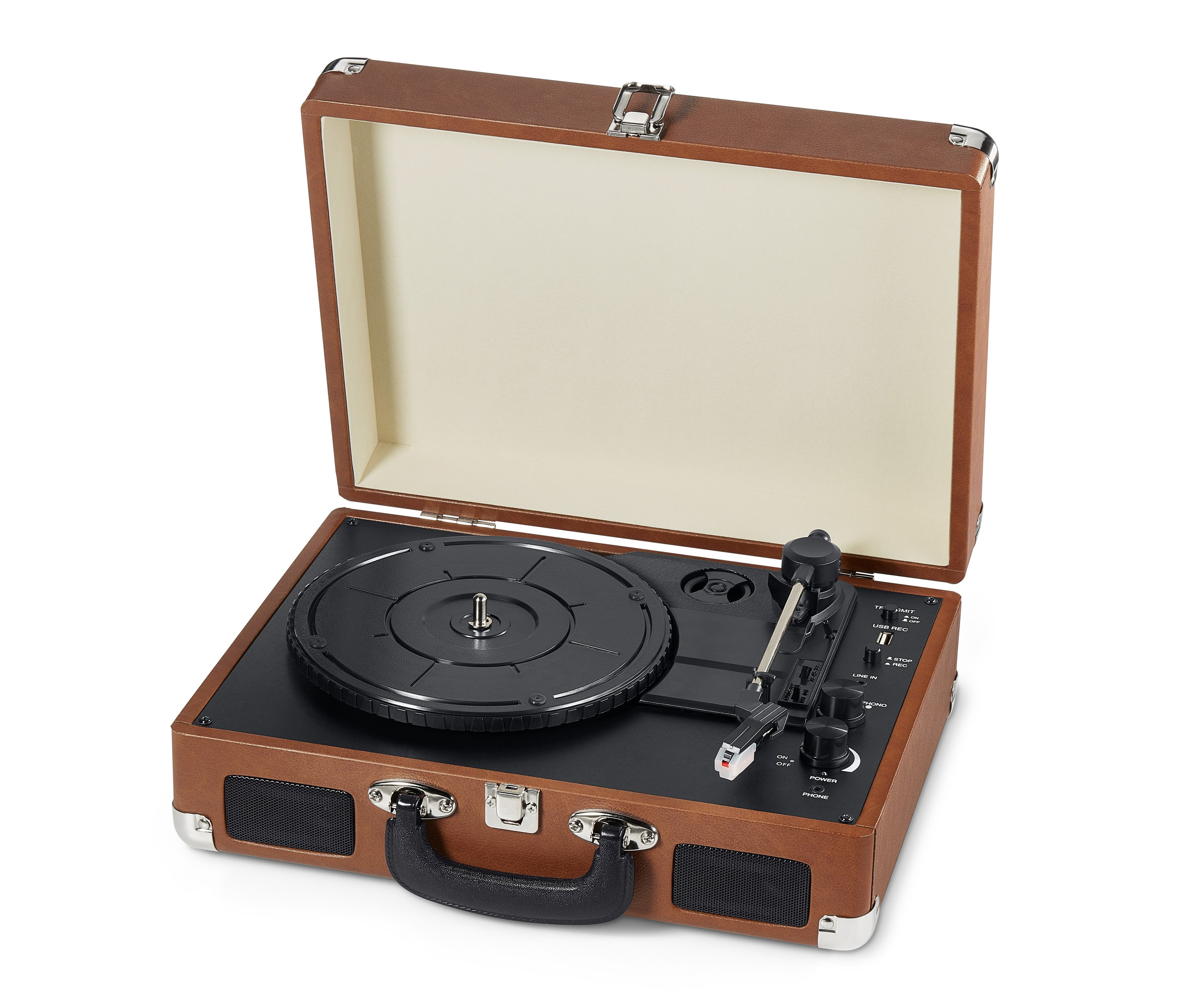 Otvorený hnedý prenosný retro gramofón s Bluetooth®.