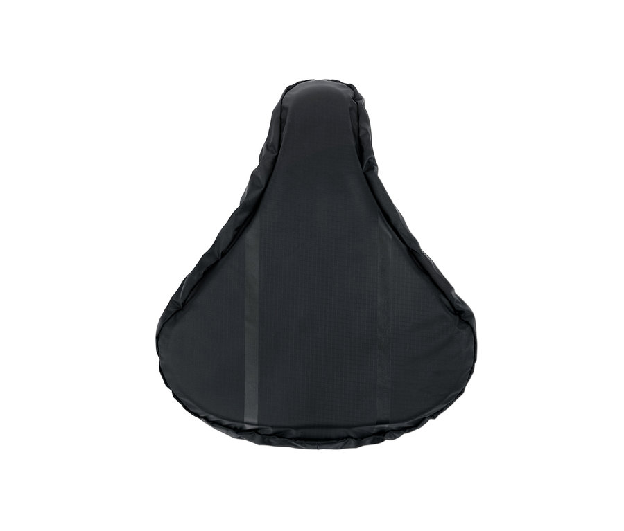 Čierny poťah na sedadlo bicykla 2 v 1 na bielom pozadí.