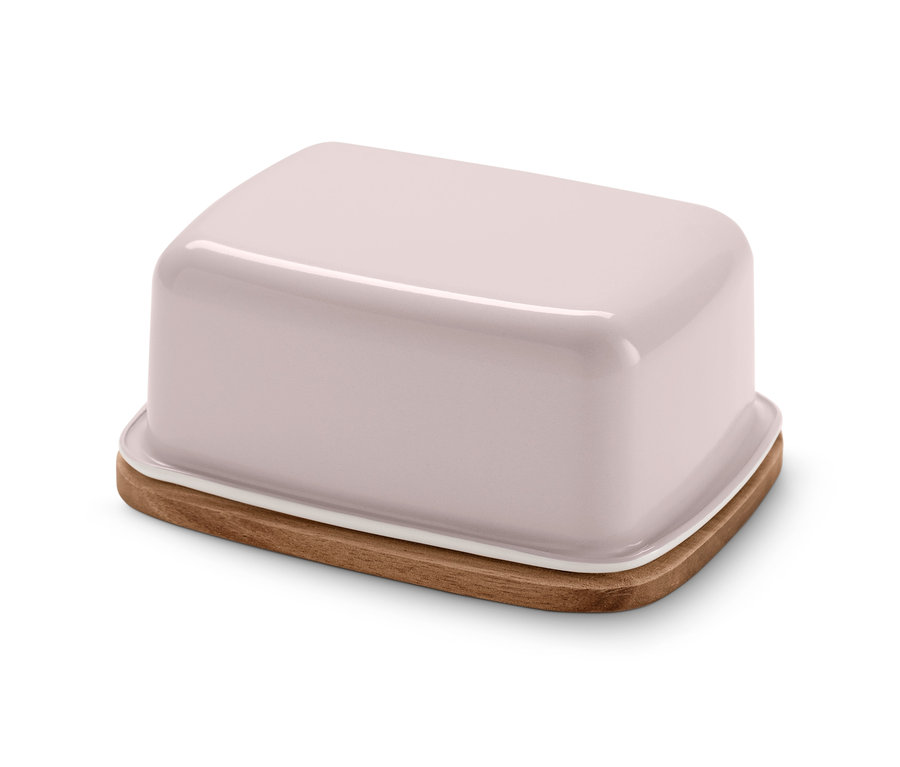 Smaltovaná dóza na maslo s dreveným podnosom.