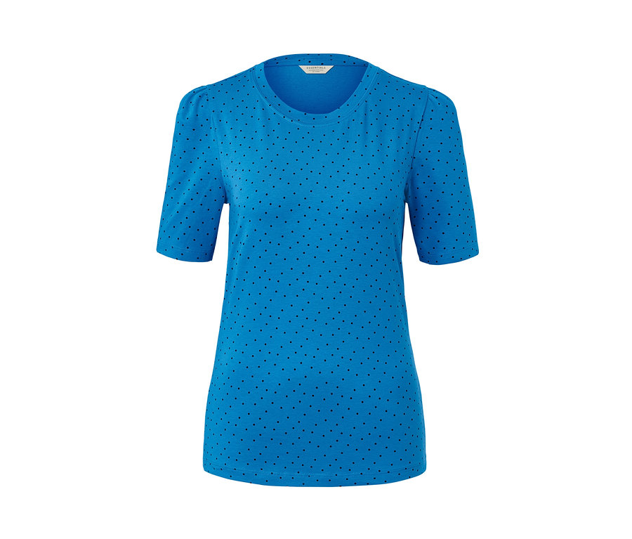 Modré tričko s krátkymi rukávmi a bodkovaným vzorom.