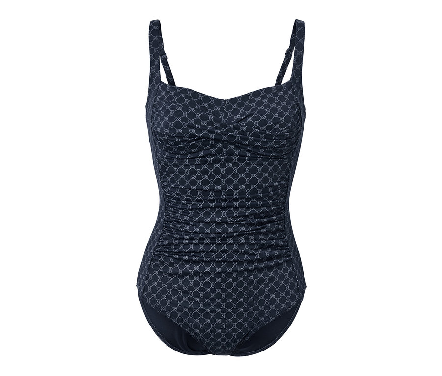 Modré jednodielne plavky tvarujúce postavu s celoplošnou potlačou.