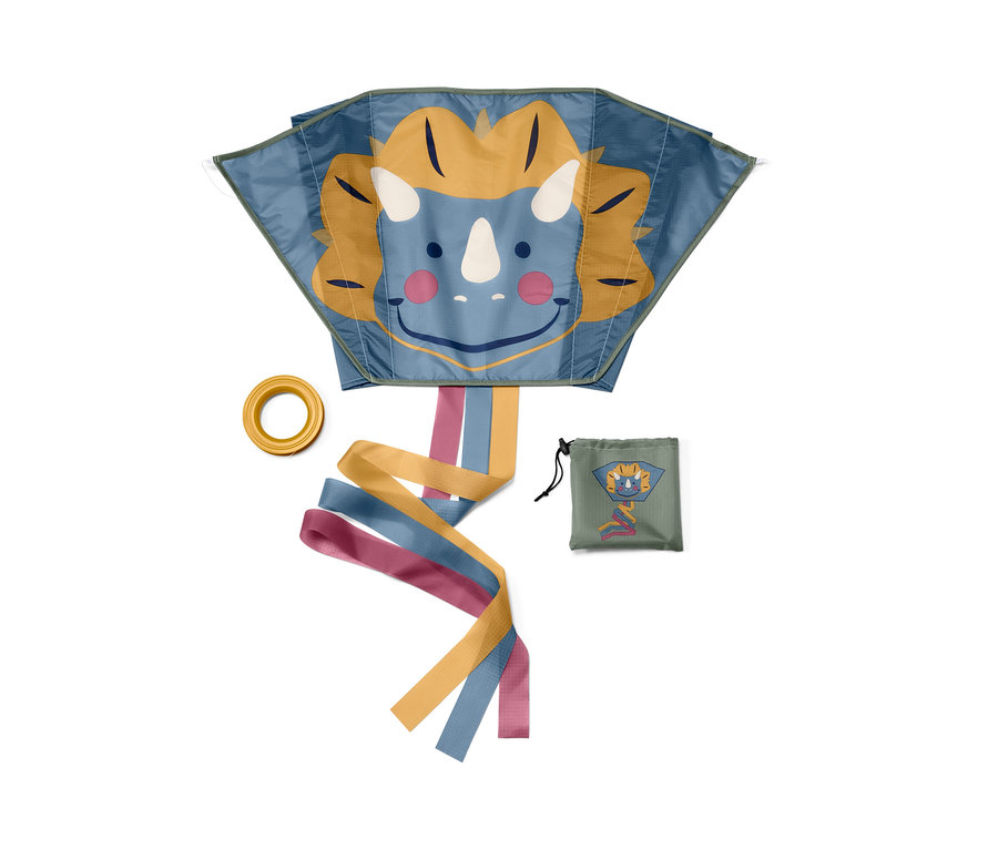 Modrý vreckový šarkan s tvárou dinosaura, žltým kruhom a puzdrom.