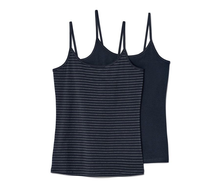 Dve tielka so špagetovými ramienkami: jedno prúžkované a jedno jednofarebné.