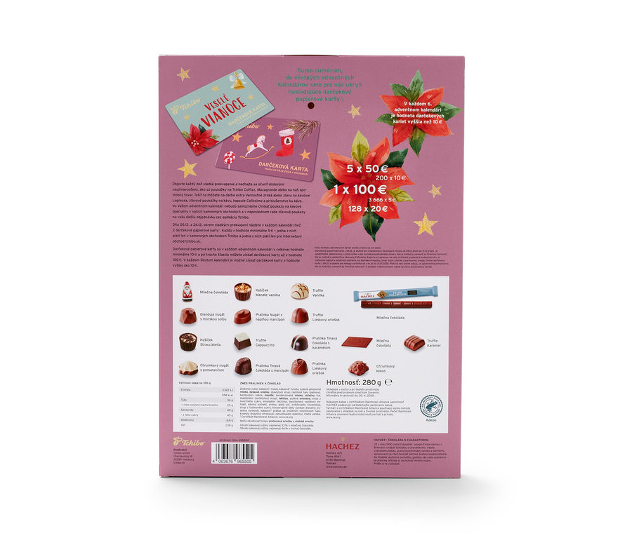 Adventný kalendár Tchibo s darčekovými kartami a čokoládovými pralinkami.