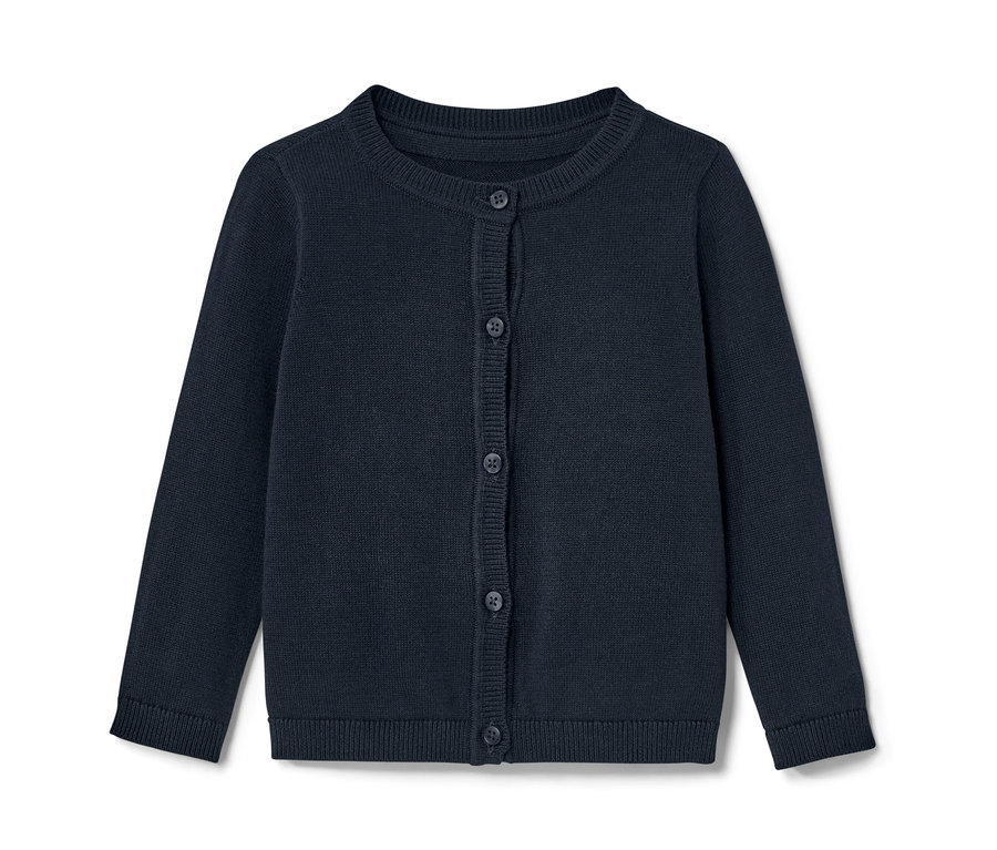 Modrý detský pletený svetrík s gombíkmi.