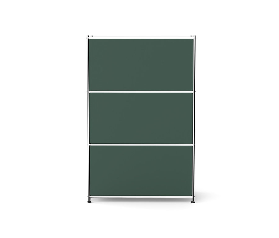 Kovová komoda »CN3« s dvomi výklopnými priečinkami v olivovozelenej farbe.