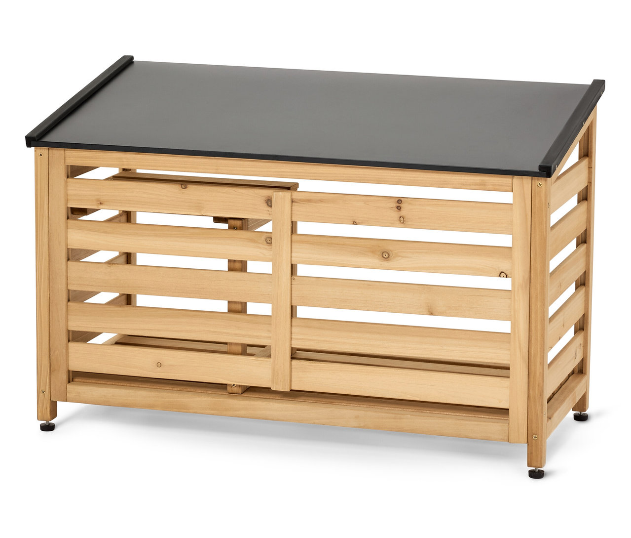 Vonkajší regál na topánky so šikmou čiernou strechou a lamelovými dverami.