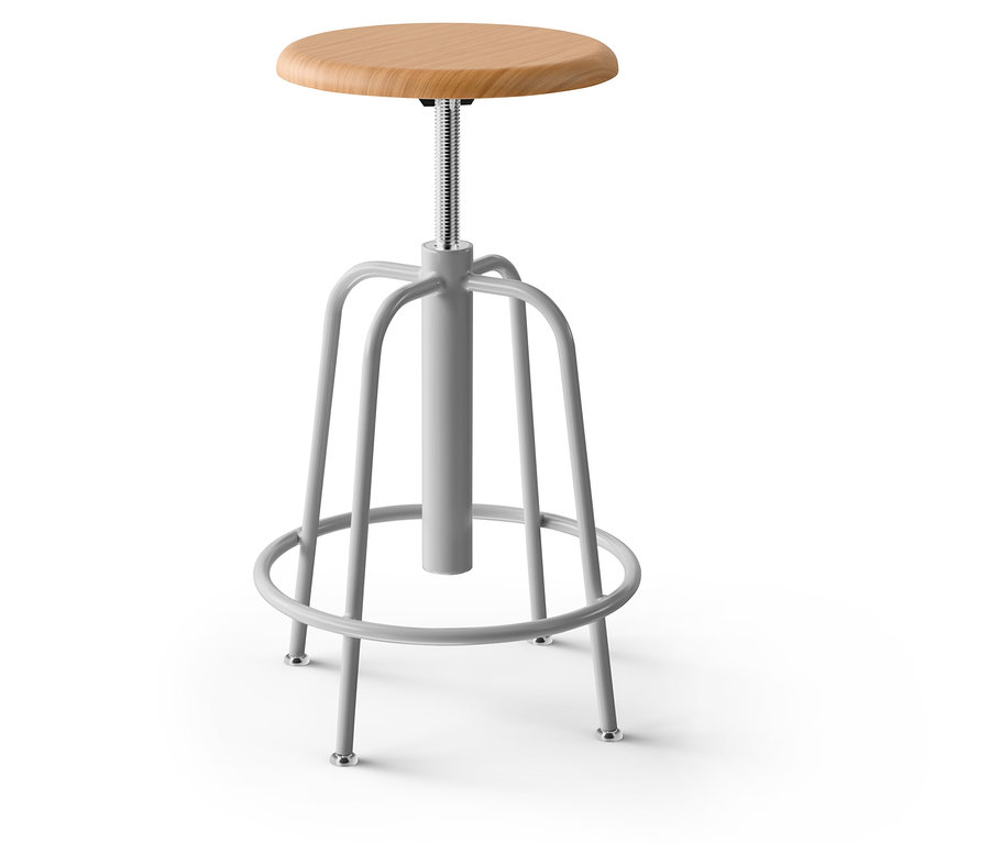 Sivá barová stolička s dreveným sedadlom.