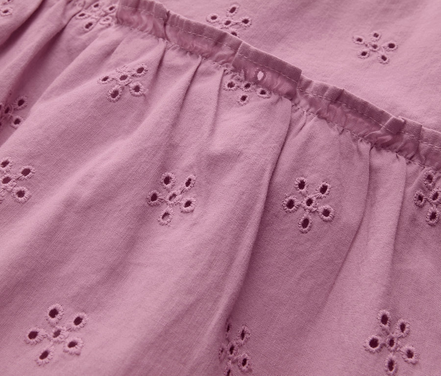 Detail ružových detských šiat s kvetinovou výšivkou.