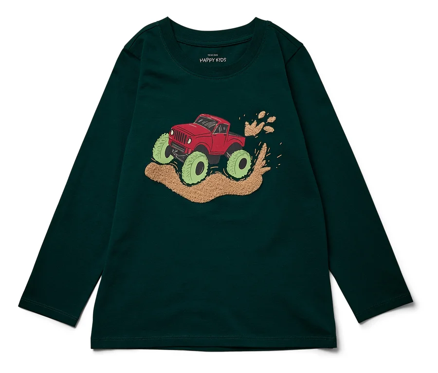 Tmavozelené tričko s dlhým rukávom a potlačou červeného monster trucku s veľkými zelenými kolesami.