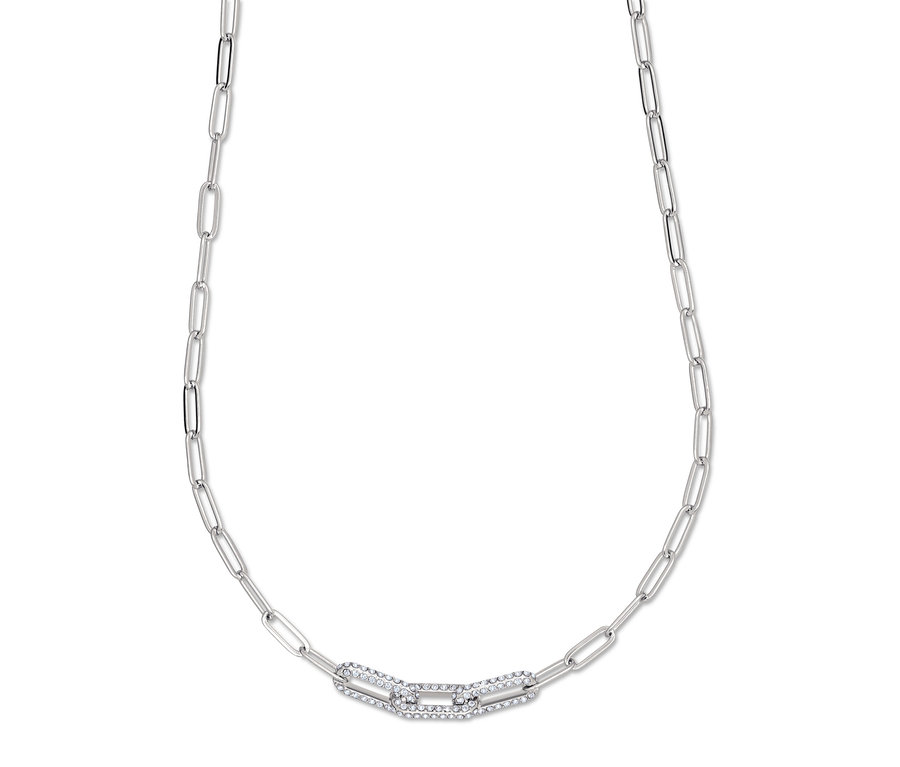 Strieborná retiazka s ozdobným článkom v strede.