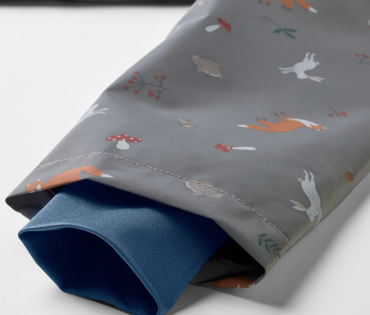 Detail detskej termo bundy do dažďa s líškami, zajacmi a hubami.