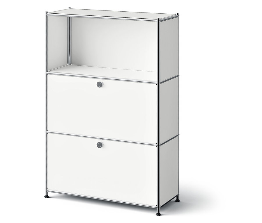 Biela skrinka s dvomi zásuvkami a otvorenou hornou policou.