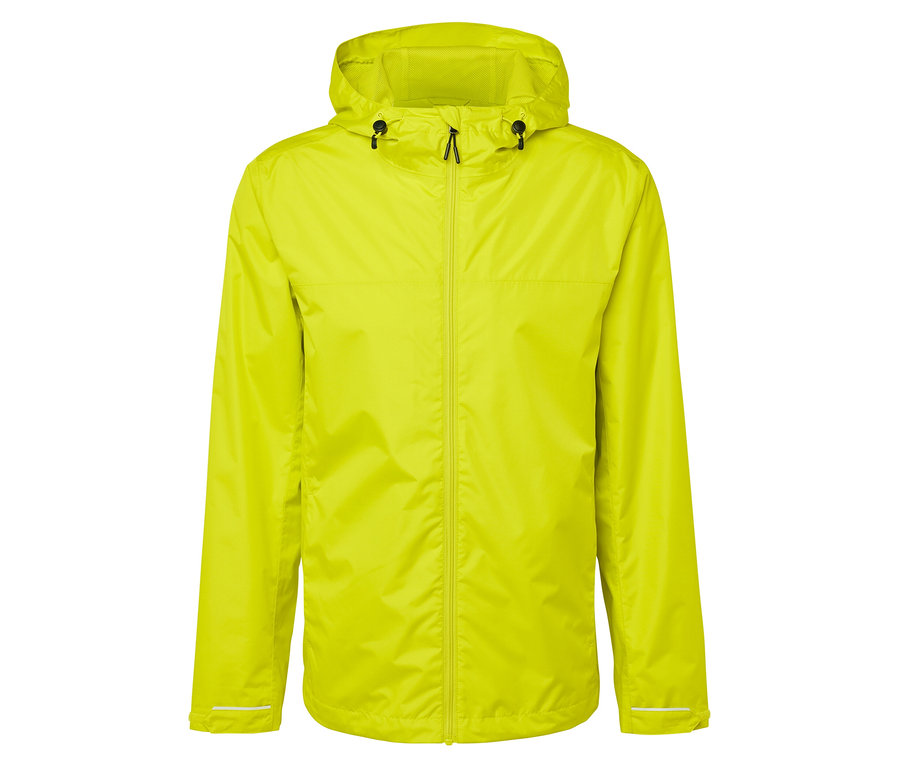 Žltá bunda do dažďa s kapucňou a zipsom.