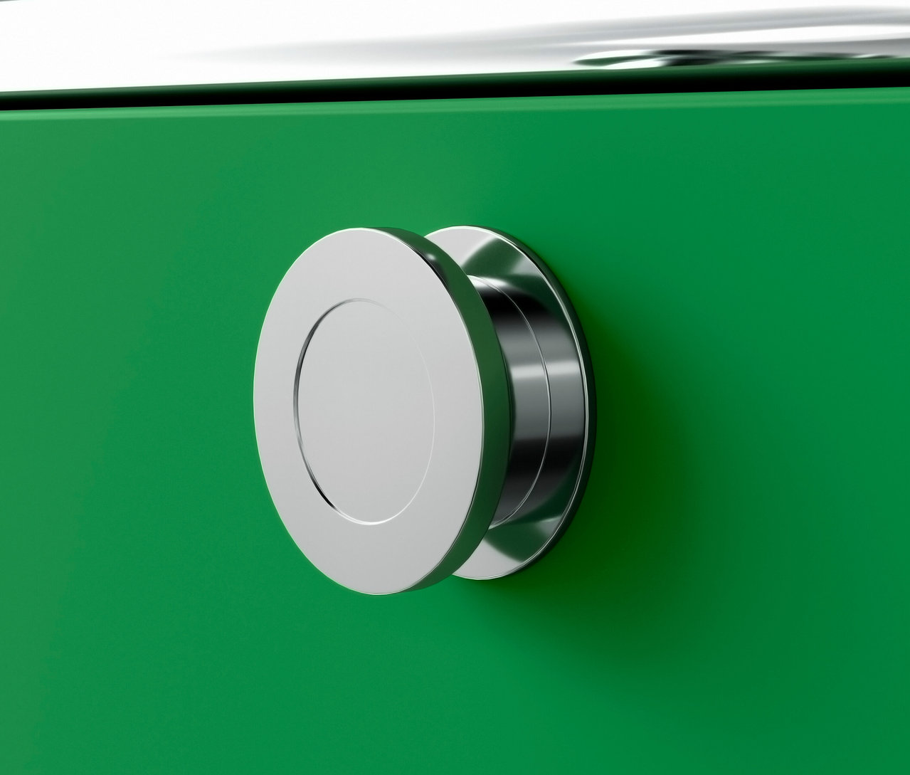 Detailný záber na zelenú kovovú kancelársku skrinku »CN3« s 3 zásuvkami a striebornou kruhovou úchytkou.