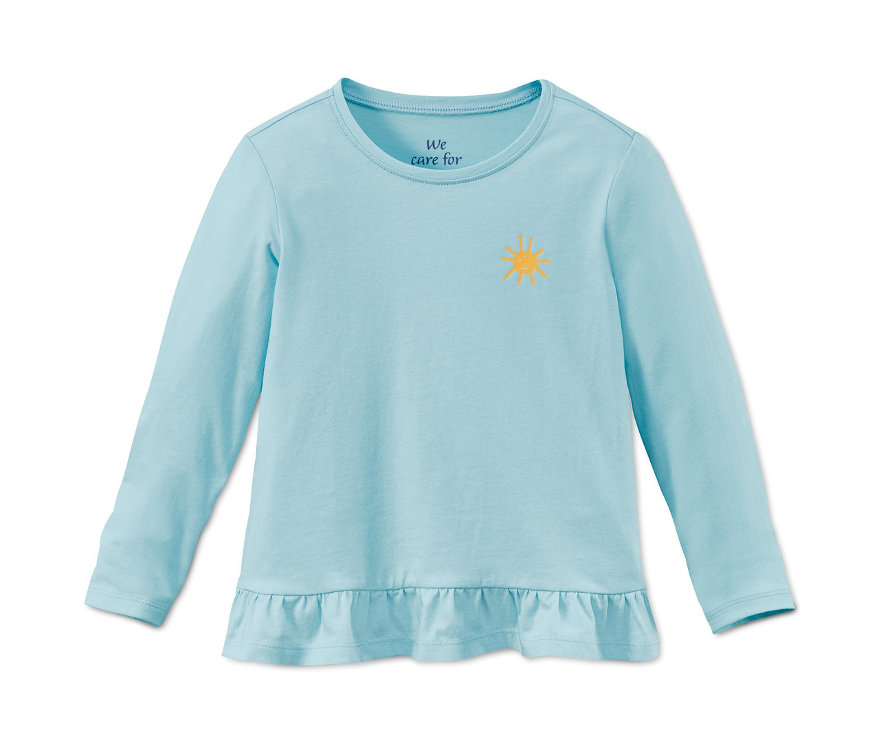 Modré tričko z biobavlny s dlhým rukávom a volánikom.