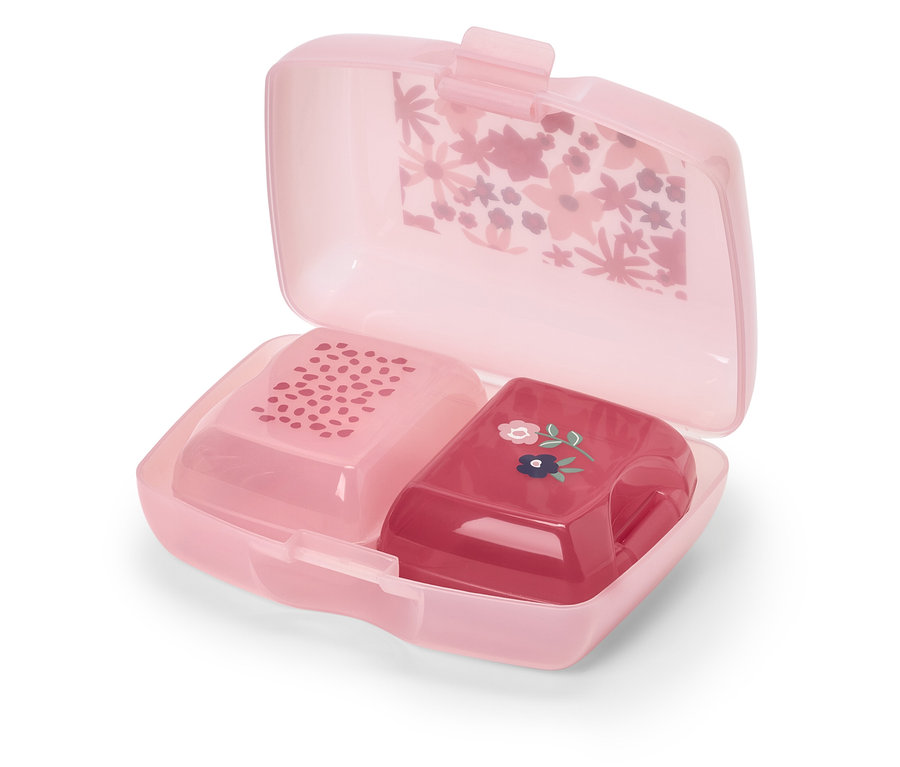 Otvorený ružový box na desiatu s dvoma nádobami vo vnútri.