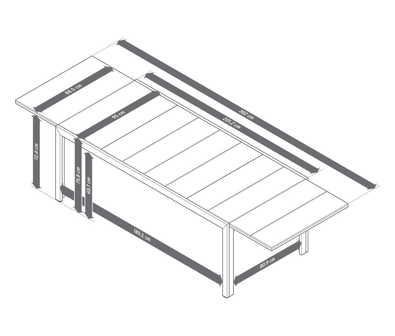Schéma rozkladacieho záhradného stola s doskou Duraboard, cca 200 – 300 cm, s rozmermi.