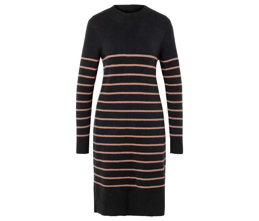 Pruhované pletené šaty v čiernej farbe s ružovými vodorovnými pruhmi.