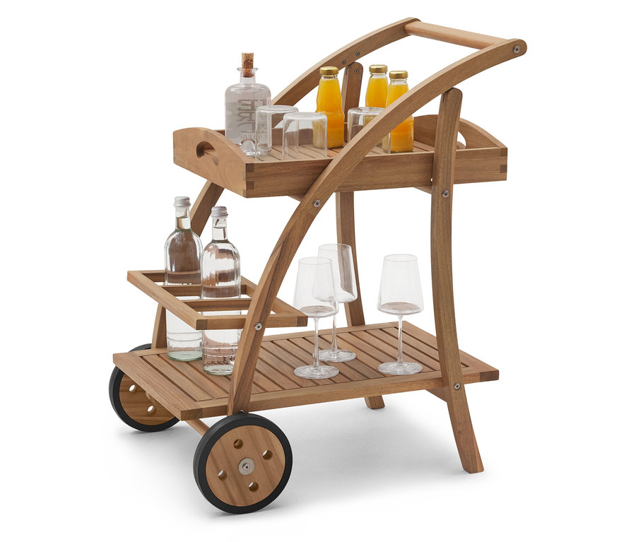 Barový vozík s odoberateľným podnosom s nápojmi a pohármi na dvoch úrovniach.