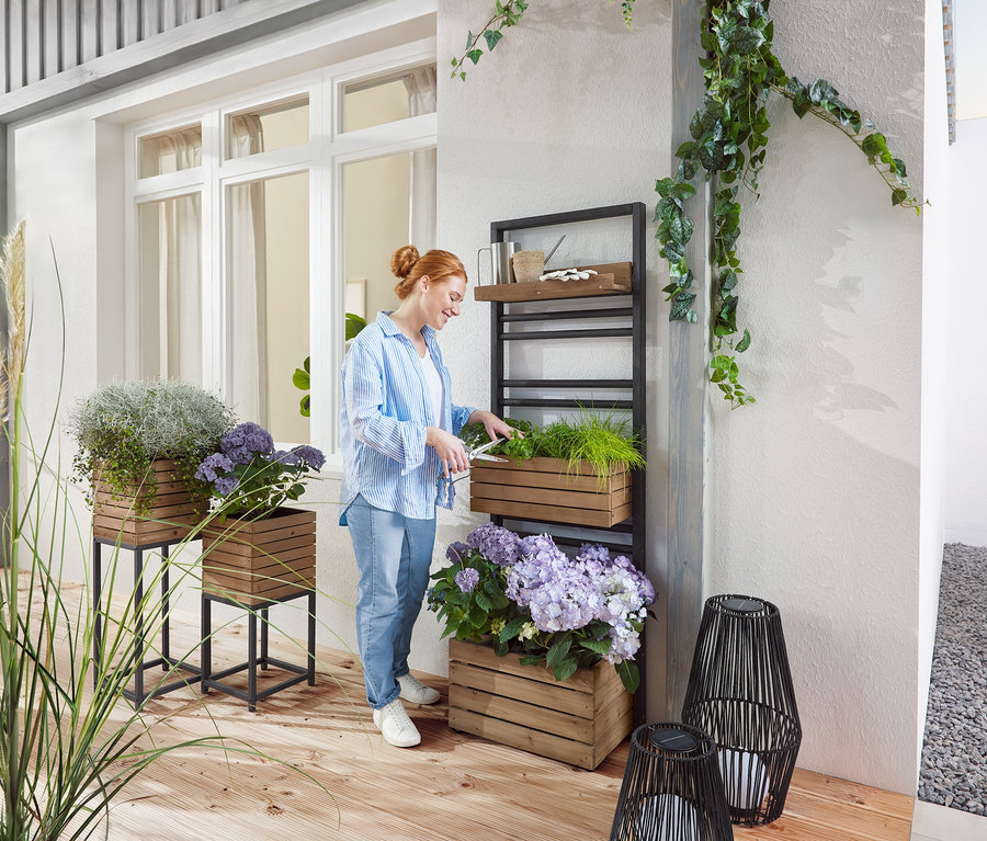 Žena strihá zelenú rastlinu v drevenej debničke na poličke. Vonku stoja drevené kvetináče s rastlinami a fialovými kvetmi.