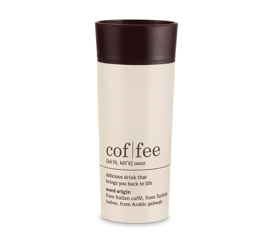 Béžový hrnček na kávu To Go Coffee Dictionary s hnedým vrchnákom.