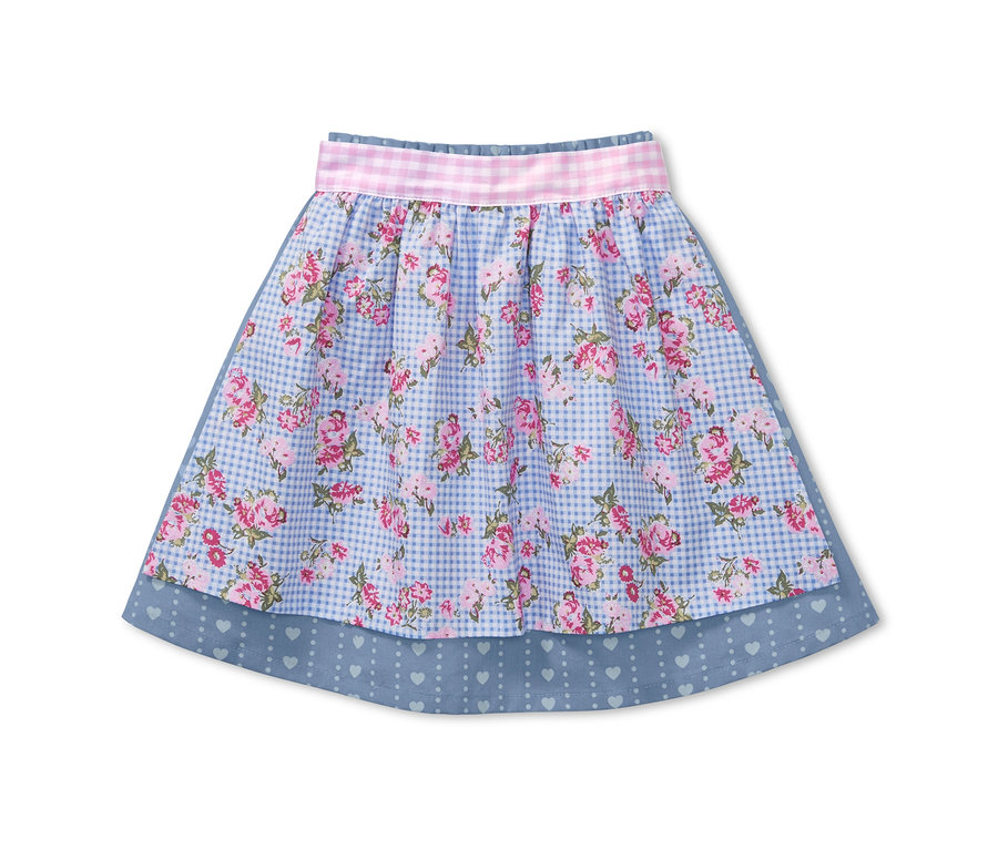 Sukňa s obojstrannou zásterou s kvetinovým vzorom a kockovaným pásom.