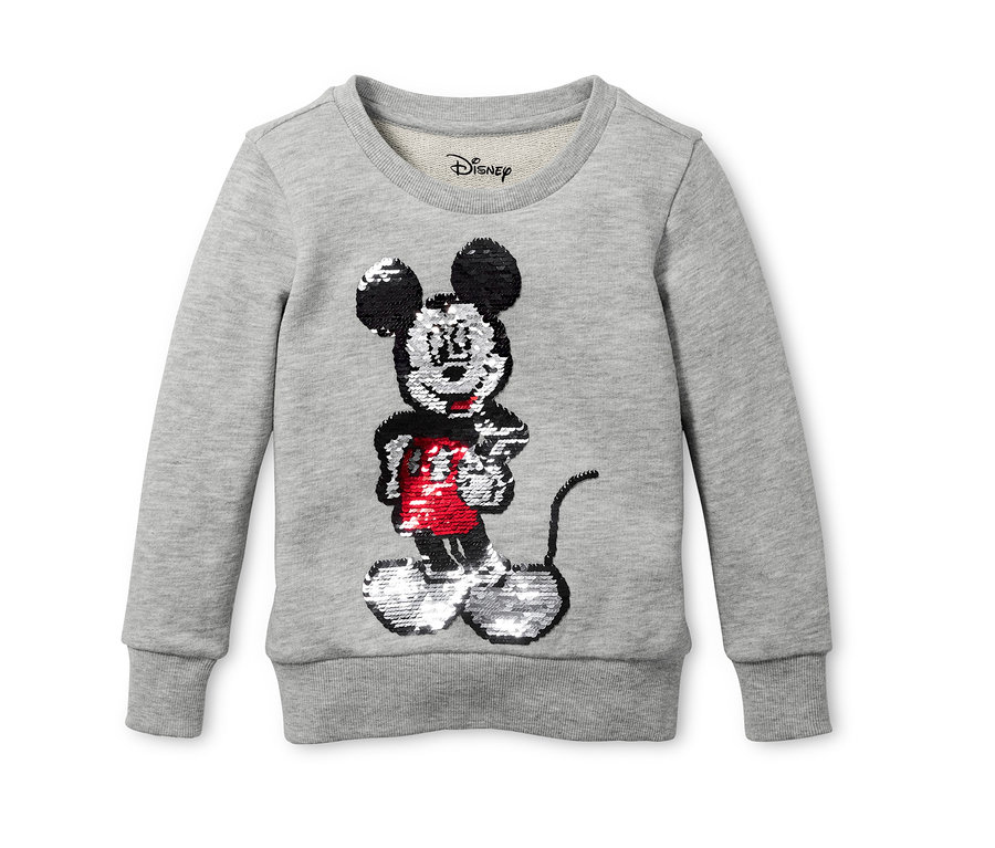 Sivá mikina »Disney« s obrázkom Mickey Mouse s obojstrannými flitrami.