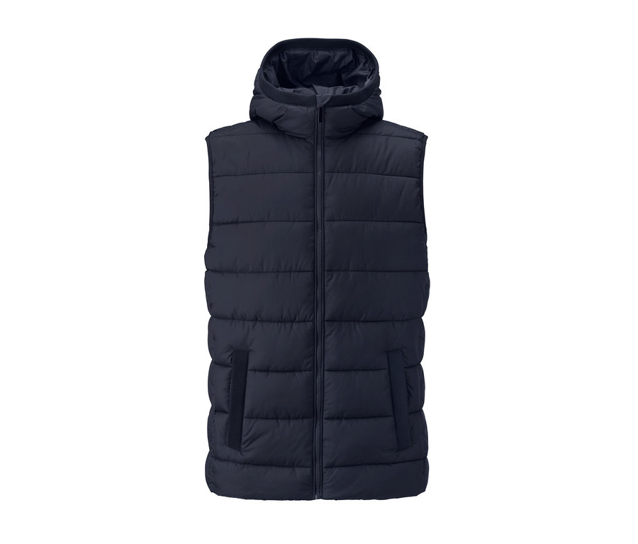 Tmavomodrá prešívaná vesta s kapucňou.