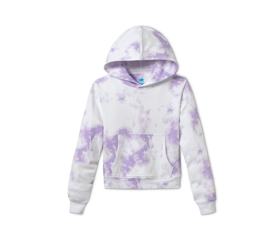 Biela mikina s kapucňou s fialovým batikovaným vzorom.
