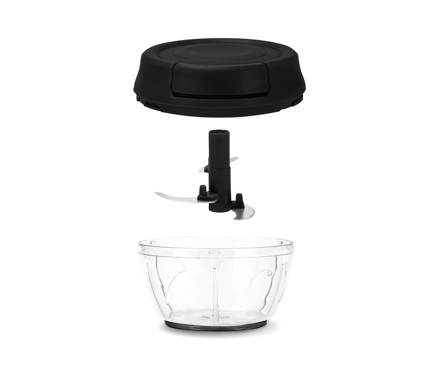 Rozložený manuálny multikrájač pozostáva z priehľadnej misky, čepele a čierneho veka.