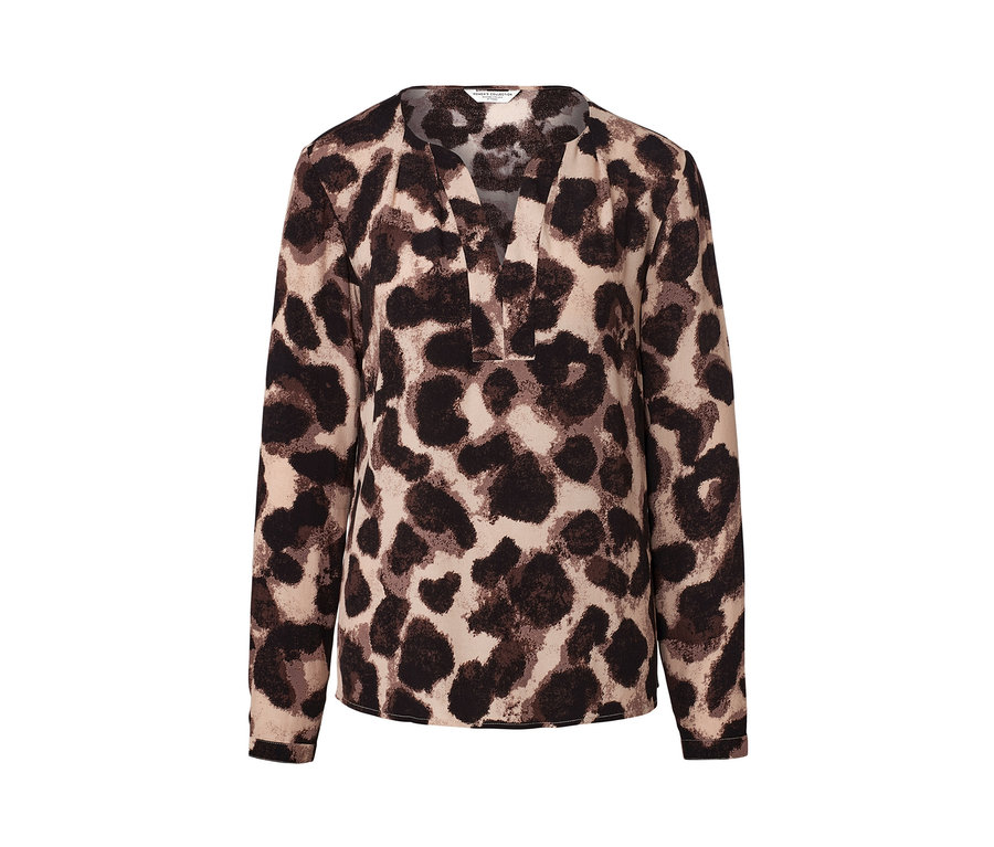 Blúzka s potlačou, hlbokým výstrihom do V a dlhými rukávmi.