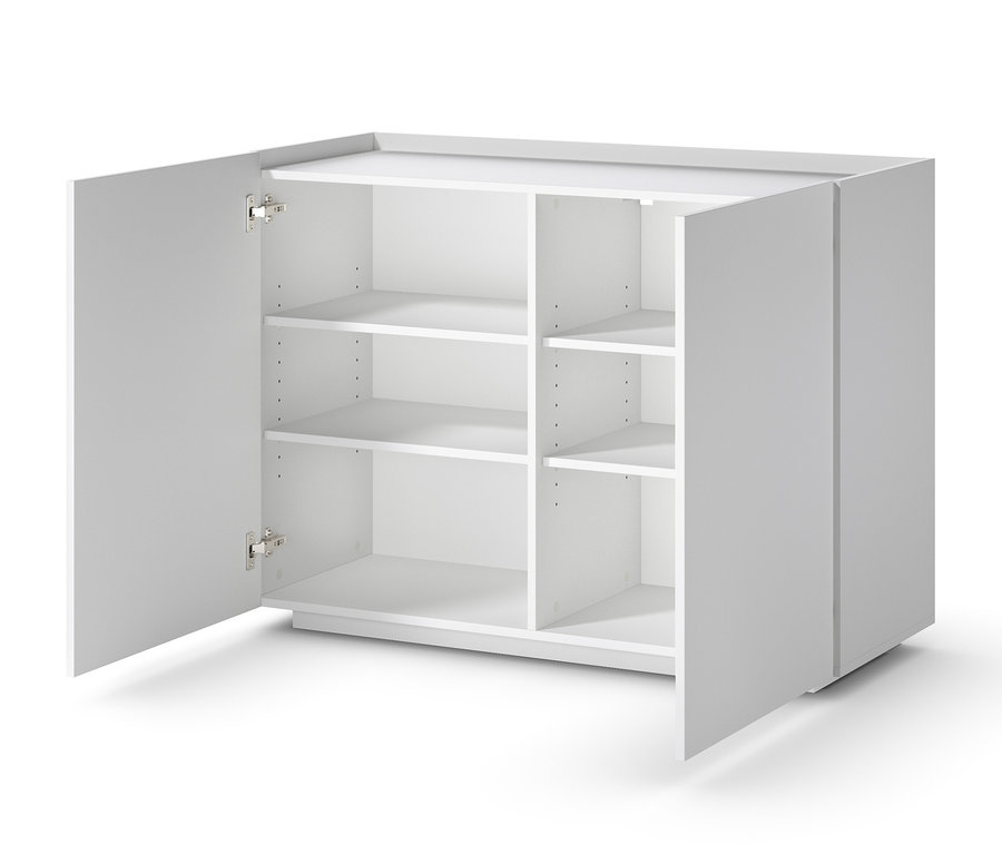 Otvorená biela skrinka so šiestimi policami.