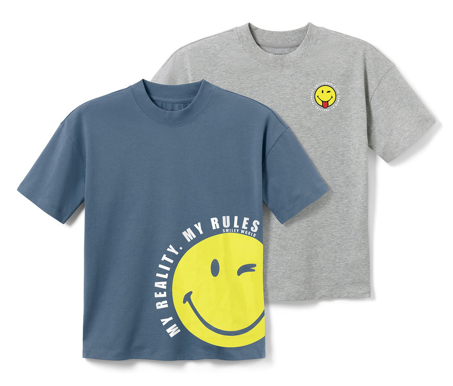 Dve detské tričká »Smiley«: modré s potlačou žltého smajlíka a sivé s malým smajlíkom na hrudi.
