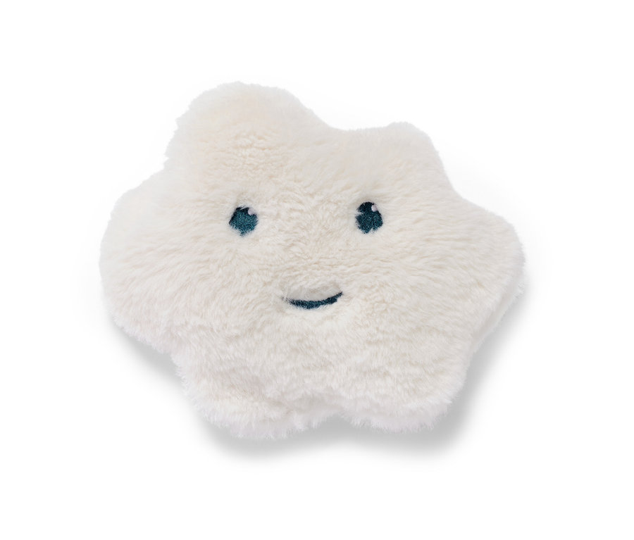 Biely ohrievací vankúšik s čerešňovými kôstkami v tvare hviezdy s vyšitými očami a úsmevom.