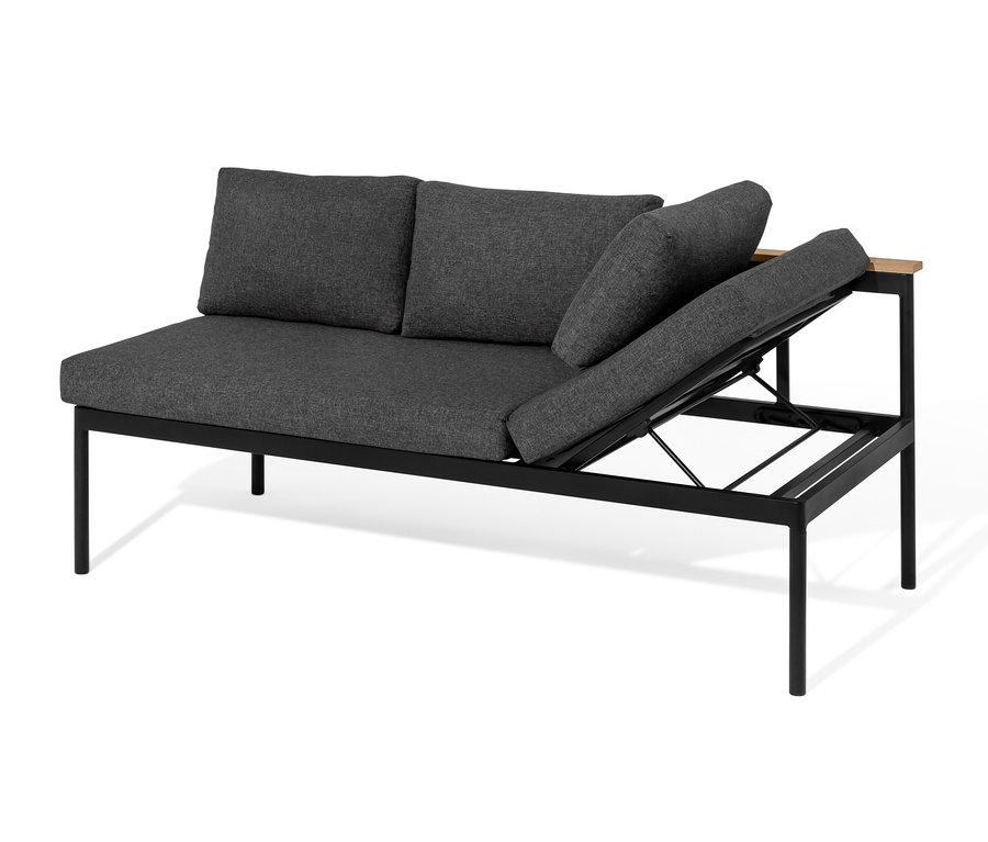 Jedálenské lavicové ležadlo 2 v 1 »Elin« s čiernym rámom a sivými vankúšmi.