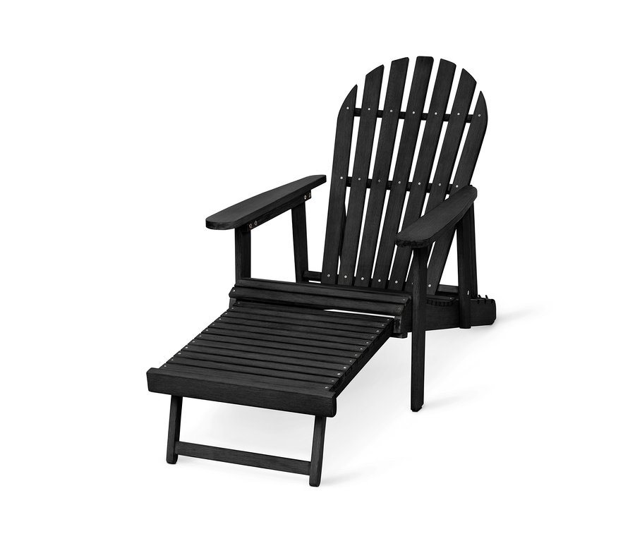 Čierne záhradné kreslo Adirondack s výsuvnou podnožkou.