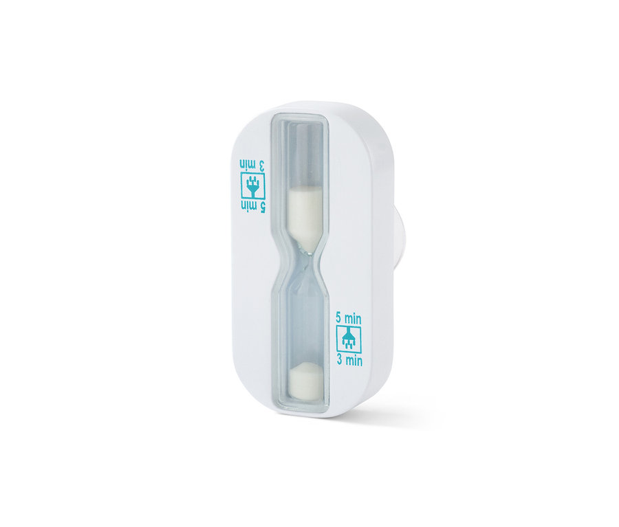 Biele presýpacie hodiny do sprchy s bielym pieskom vnútri.